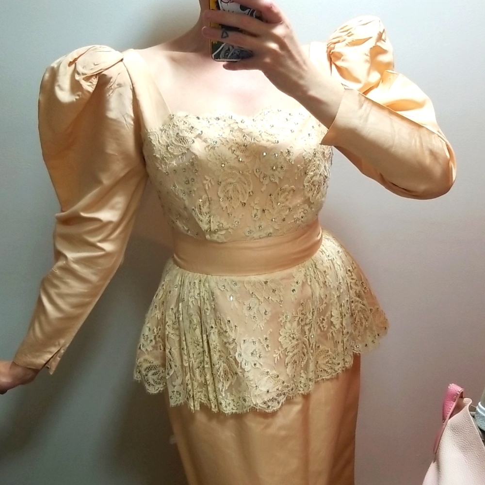 Vintage Gown with Rhinestones and Puff Shoulders